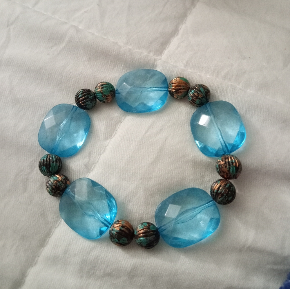 Hand Crafted Cerulean blue boho beaded statement bracelet New